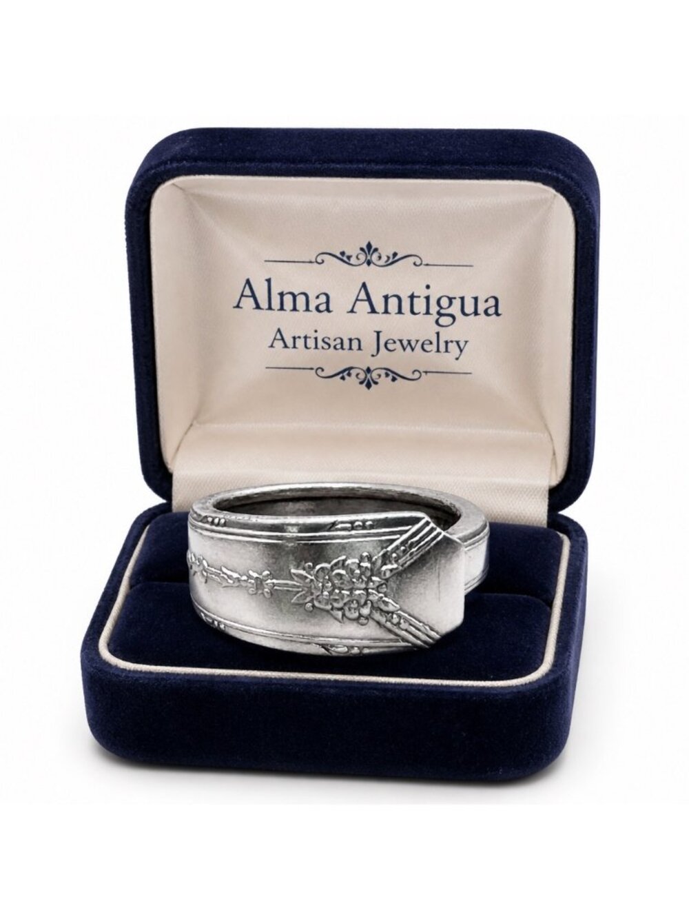 Community Plate Spoon Ring – Wide Floral Bouquet Band, Silver-Plated, Size 8.5
